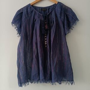 NWT Majorelle Sheer Metallic Stripe Fringe Hem Button Blouse Blue M